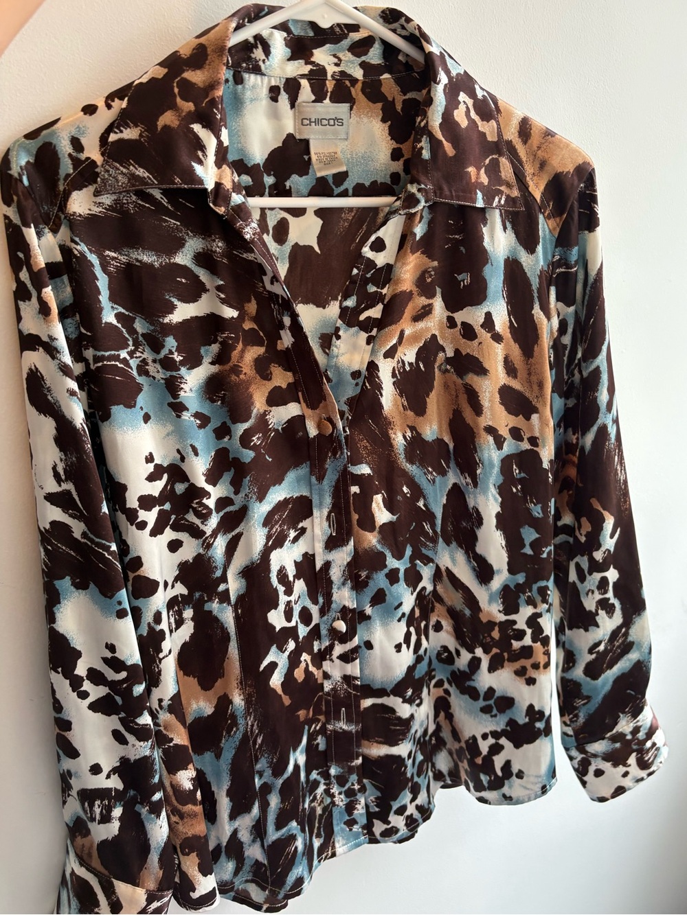 Chico's Abstract Brown, Tan & Blue Button-Front Top